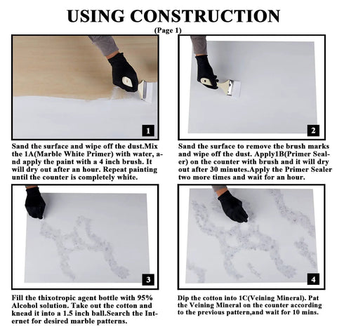 Step-by-step instructions for using White Marble Countertop Paint Kit for Kitchen and Bathroom, DIY with Gloss Finish shown in four panels.