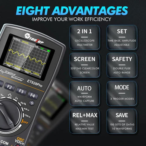 2 In 1 Portable Oscilloscope And Multimeter With 50Msps A D Sampling, handheld digital scope with eight features highlighted