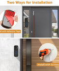 No Drill Stick-On Door Mount For 1st Gen Video Doorbell adhesive and screw installation options shown on door surfaces