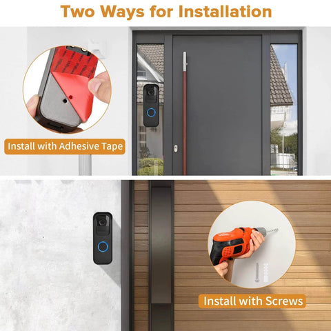 No Drill Stick-On Door Mount For 1st Gen Video Doorbell adhesive and screw installation options shown on door surfaces