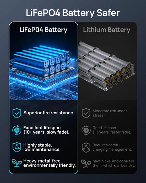 Comparison of LiFePO4 and lithium batteries, highlighting safety, lifespan, and environmental benefits for 600W Solar Generator With 100W Panel 576Wh LiFePO4 Battery 1200W Surge Three AC Outlets Car Socket 100W USB C Two USB A Ports Emergency Backup Power Go To Hurricanes Camping RV and Off Grid Living.