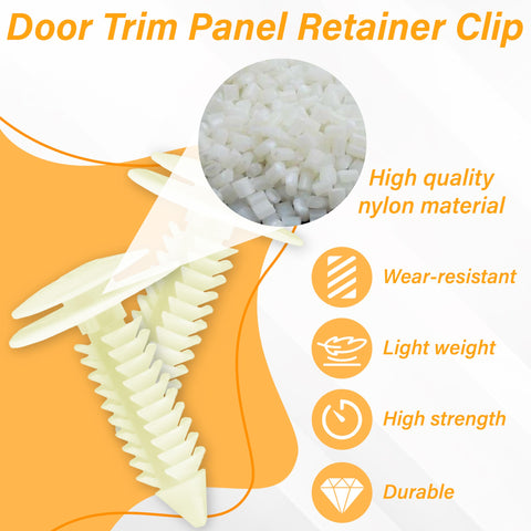 Set Of Fifty Heavy Duty Nylon Door Trim Panel Retainer Clips Built Dang Tough For Quick Interior Auto Fixes That Lock Right Down And Stay Put Through Tough Roads, showing white nylon clips.