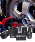 22 Piece Bolt Nut Extractor Set With Half Inch And Three Eighths Inch Drive Wheel Lock Removal Kit shown in automotive use