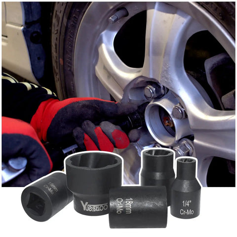 22 Piece Bolt Nut Extractor Set With Half Inch And Three Eighths Inch Drive Wheel Lock Removal Kit shown in automotive use