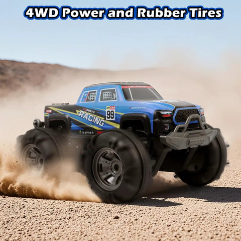 Waterproof Monster Truck Gesture RC Car With 4WD Amphibious All Terrain Drive kicking up dust on rocky terrain