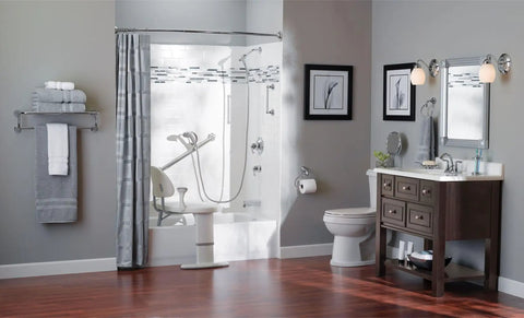 Modern bathroom featuring Chrome 24 Inch Designer Shower Grab Bar With Curled Grip, Heavy Duty Bathroom Safety Rail Up To 500 Lbs