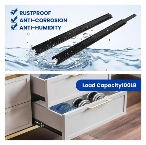 Premium Side Mounted Ball Bearing Drawer Slides 12 Inch Full Extension Steel Hardware For Cabinets Dressers over water, showing rustproof features.