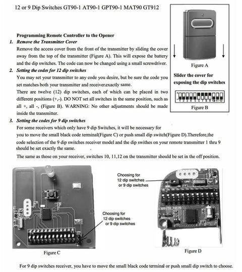 Instructions for programming 9 Or 12 Dip Switch Garage Door Opener Remote Replacement, showing remote interior and dip switch settings.