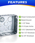 4x4 Inch 2 Gang Metal Electrical Box Switch And Outlet Combo Kit features drawn construction and knockouts