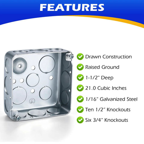 4x4 Inch 2 Gang Metal Electrical Box Switch And Outlet Combo Kit features drawn construction and knockouts