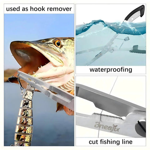 8.4 Inch Fishing Pliers With Safety Lock And Anti Loss Rope For Anglers, shown removing hook from fish, demonstrating waterproof feature.