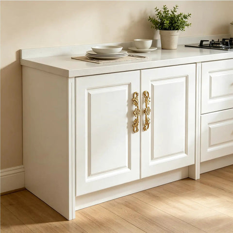 Upgrade Your Furniture Game Now With These Hella Charming Golden Floral Cabinet Handles And Vintage Drawer Pulls Designed To Bring Major Retro Swagger To Dresser Drawers And Bedroom Wardrobe Cabinetry Projects Instantly. Elegant white cabinet with golden floral handles, perfect for home decor.