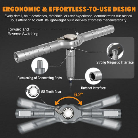 42 In 1 Magnetic Ratchet Screwdriver Set with ergonomic aluminum T-handle, showing forward-reverse switch and magnetic interface.
