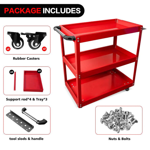Updated 3 Tier Rolling Tool Cart With Wheels, Heavy Duty Steel Utility Cart, Ergonomic Handle, 330 Lb Load Capacity components
