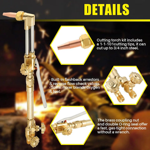 Heavy Duty Oxygen Acetylene Cutting Torch Kit With Attachment And 315FC Handle, brass and stainless steel details shown