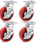 6 Inch Industrial Grade Caster Wheels Set Of 4, Heavy Duty Polyurethane Casters With Dual Ball Bearing, Plate Mount Swivel