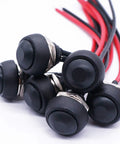 Pack of six 12mm momentary push button switches with pre-soldered wires, black waterproof design for DIY electronics projects.