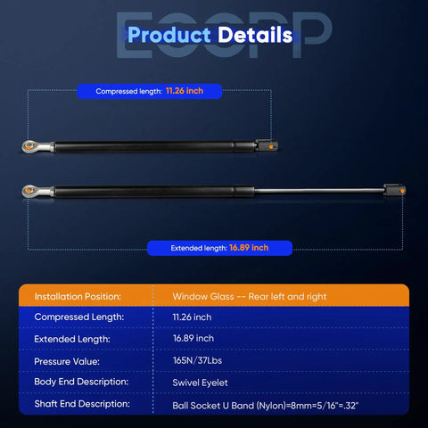 Product details of Ford Explorer Rear Window Lift Supports Gas Struts Set Of 2 For 1991-2001 Models with measurements.
