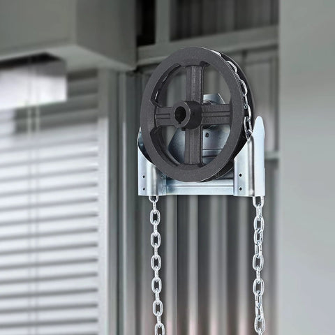 Garage Door Jackshaft Chain Hoist 1 To 1 Reduced Drive, 331 Lbs Capacity, mounted beside roll-up door for smooth operation