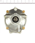 Front view of 555721 Gear Reduction Case Replacement Part for Outdoor Power Equipment on measurement scale