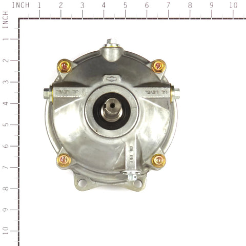 Front view of 555721 Gear Reduction Case Replacement Part for Outdoor Power Equipment on measurement scale