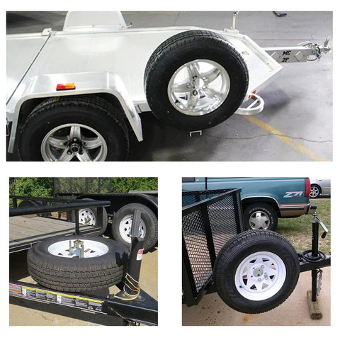 Heavy-Duty Spare Tire Mount Bracket for Trailers installed on various trailers with different wheel types