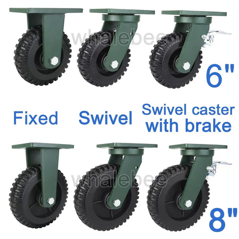 Top Shelf Heavy Duty Industrial Caster Set Of Four Six And Eight Inch Swivel Fixed Castors With Solid Rubber Tires Thrust Ball Bearings Swivel Lock Brakes Built Like A Tank For Serious Heavy Hauls Forty Four Hundred Pound Capacity. Display of 6-inch and 8-inch casters including swivel and fixed models.
