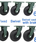 Heavy Duty Plate Casters 6 Inch And 8 Inch Swivel Rubber Caster Wheels With Brakes Industrial Set Of 4 displayed on a white background.