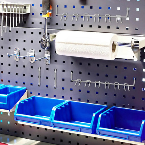 Rock Solid And Built Tough 80 Piece Peg Board Hooks And Bins Set For Garage Tool Storage Wall Mount Organizer With Steel Pegs on wall.