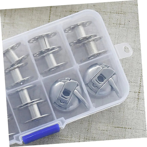 Two Piece Bobbin Case Set For Sewing Machines in plastic storage box, handy replacement for old or broken cases, durable construction
