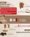 Installation guide for Kickass Magnetic Door Stopper Windproof Floor Hold Open Latch with adhesive and screw options.