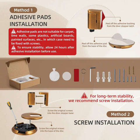 Installation guide for Kickass Magnetic Door Stopper Windproof Floor Hold Open Latch with adhesive and screw options.
