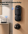 Video Smart Lock With Camera And Three In One Smart Deadbolt For Front Doors mounted on wooden door with Wi-Fi router in background.