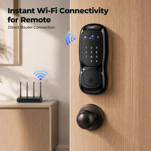 Video Smart Lock With Camera And Three In One Smart Deadbolt For Front Doors mounted on wooden door with Wi-Fi router in background.