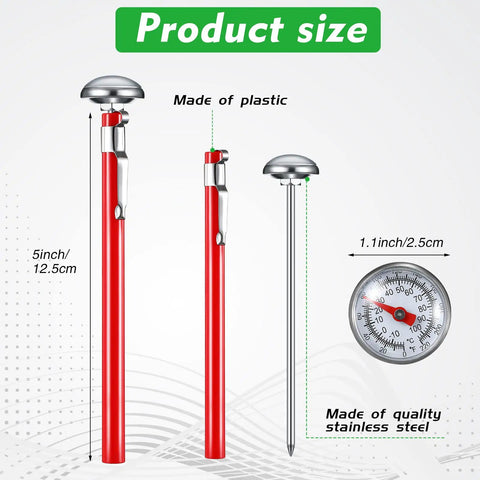 3 Pack Stainless Steel Kitchen Thermometers With 5 Inch Stems And 1 Inch Dials For Oven Probes Meat Grill BBQ Cooking Milk Frothing Chocolate Water In Red Black White, product size view