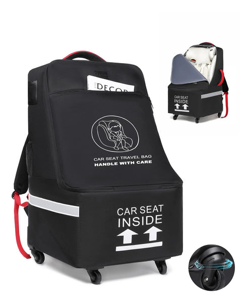 Car seat travel bag with wheels, black; Amazon MCBD with reflective strips for booster seats
