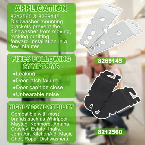 Dishwasher Mounting Brackets Kit With Screws For Easy Install And Durable Hardware, showing 8212560 and 8269145 brackets with compatibility list.