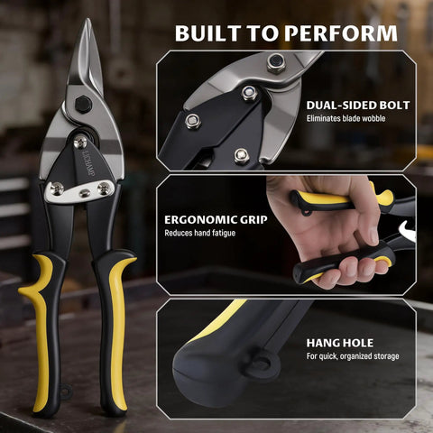 Three-Piece 10-Inch Aviation Tin Snips Set For Sheet Metal Aluminum And Vinyl Left Cut Red Right Cut Green Straight Cut Yellow Aircraft Grade Cr-V Steel Serrated Edges Durable Metal Cutter Shears For Pros And DIYers with ergonomic grip.