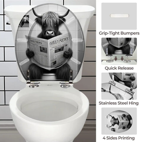 Toilet Seat Round Resin for Farmhouse featuring a bull reading a newspaper, designed for quick release and grip-tight fit.