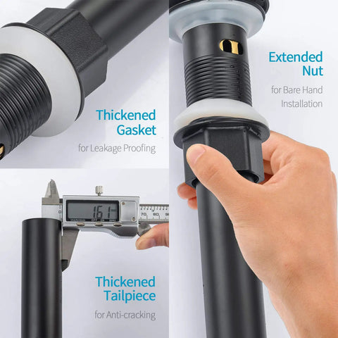 Pop Up Bathroom Sink Drain Stopper With Overflow For Vessel Sinks, Detachable Basket Stopper, matte black parts and measurements