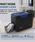 Single Sided ID Card Printer With Complete Supplies Kit And Gold Edition Software For Daily Office And Campus Use Delivers Crisp Full Color Credential Prints Ready To Roll Without Any Sweat on a desk with ID cards being printed.