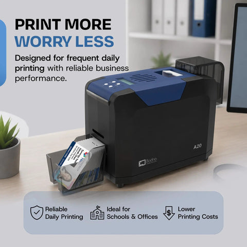 Single Sided ID Card Printer With Complete Supplies Kit And Gold Edition Software For Daily Office And Campus Use Delivers Crisp Full Color Credential Prints Ready To Roll Without Any Sweat on a desk with ID cards being printed.