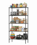 5-Tier Wire Shelf Storage Rack In Black, Heavy-Duty Steel, 36 x 14 x 72 Inch, Handles Up To 250 Lbs Per Level, 1250 Lbs Total Capacity, Perfect Kitchen Or Garage Organizer For Real Go-To Storage Power. Black wire shelf rack with kitchen items