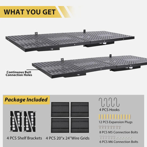 2 Pack 2x4 Foot Wall Mounted Garage Shelves With 4 Hooks Tough As Nails Heavy Duty Storage Racks Floating Wall Shelves Holding Up To 280 Lbs Per Shelf Maximum Garage Organization And Floor Space Saver, shown with included brackets and accessories