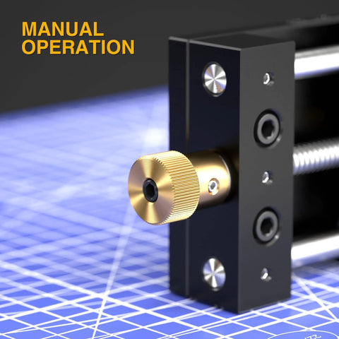 Close-up of Workhorse 75mm Manual Linear Stage with Sliding Table and Rail Guide, featuring a brass adjustment knob.