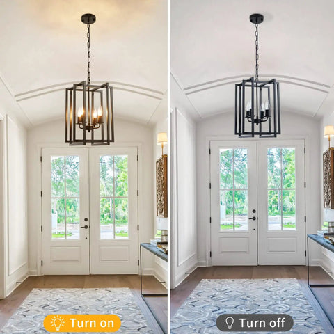 Dope Farmhouse Lantern Chandelier Black Light Fixture in hallway, one lit and one unlit, showcasing square cage design.