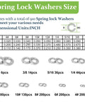 Image of SAE Spring Lock Washers Assortment Kit 910 Pack with nine sizes in 304 stainless steel, with size chart and washer examples.
