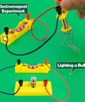 Electromagnetism Magnet Experiment Kit For Curious Minds with bulbs and wires showing circuit experiment on green background.