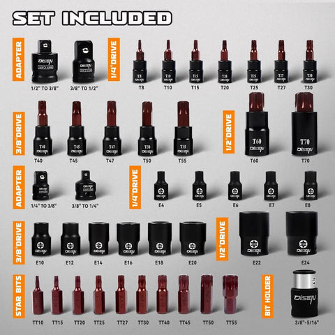 All In One Master Torx Bit Socket Set 42 Piece Heavy Duty High Torque Auto Mechanic Kit Built From S2 Alloy Steel Plus CR V Construction Includes T8 To T70 E4 To E24 TT10 To TT55 And Impact Socket Adapter displayed with adapters and drives.