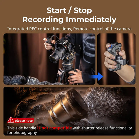 Photographer using Rotating Side Handle with REC Trigger for Alpha Mirrorless Cameras, emphasizing grip and shutter control.